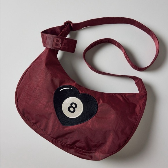 BAGGU Handbags - NWT BAGGU Lucky 8 Embroidered 8 Ball Medium Nylon Crescent Bag Wine Mahogany